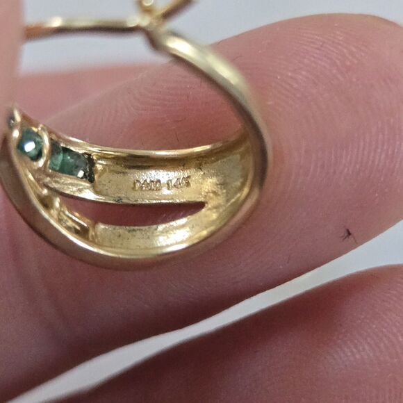 Estate 14K Yellow Gold Emerald Huggie Earrings - Picture 10 of 12